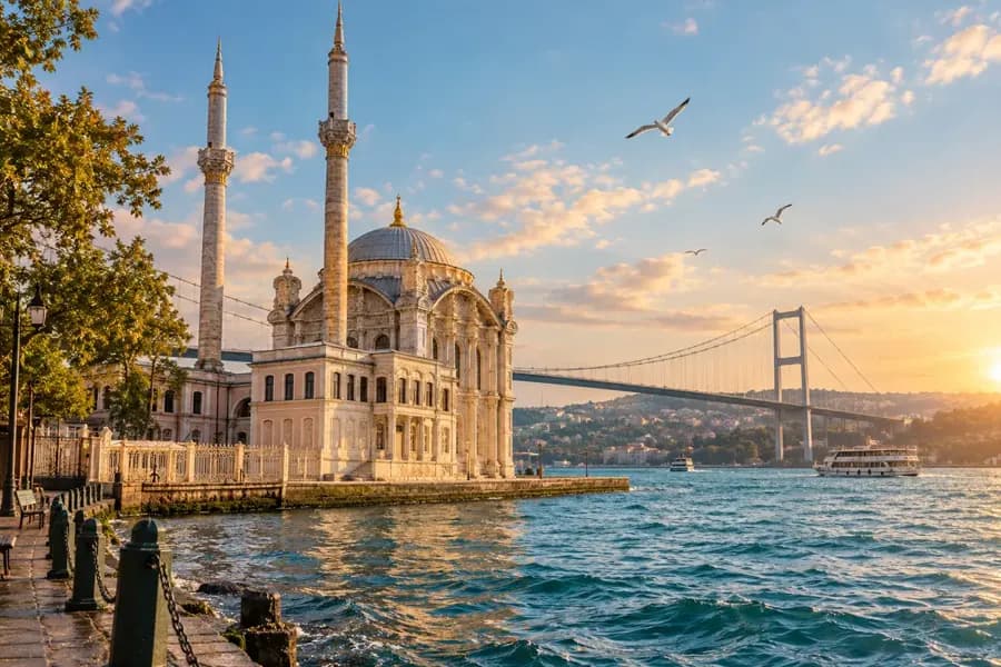 AI-generated postcard of Ortaköy Mosque and the Bosphorus Bridge